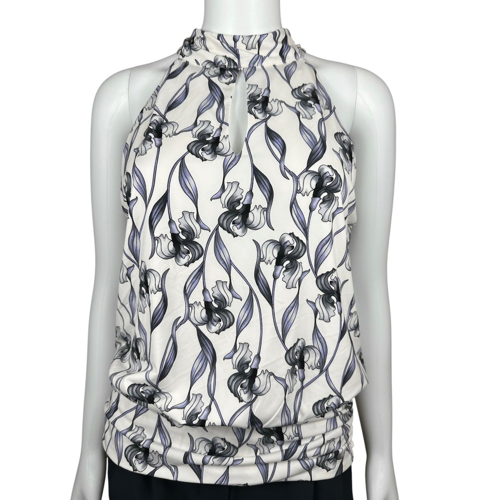 White House Black Market Iris Floral Halter Blouse Smocked Waist Ecru Black M